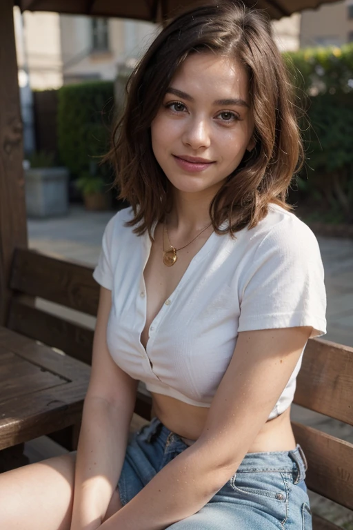 (in 8K, Raw-Photo, best quality, masterpiece:1.2), 1 girls , 20yo, 3/4 body, a beauty, asian, japanese mix, Balkans ancestry, slim normal body, caramel layered hair color, short hair, (wavy hair), bob cuts hair,(Show your teeth and smile), looking at viewer, blazers, tucked in shirts, ripped skinny jeans, office outfit, professional look, (beads necklace:1.2), ((The highest quality, 16 k, masterpiece: 1.3)), Biologically Correct Human, reference, detailed faces, detailed lips, detailed eyes, glittering eyes, realistic pupils, brown pupils, outdoor, siting, elegance, at the coffee shop, light on the face, golden hours, ambience light, backlight, summer, people in the background watching, cinematic look, deep depths of field, blurry background