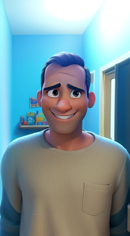 Um homem alto de 38 anos, careca e sorriso no rosto estilo disney pixar, alta qualidade, melhor qualidade