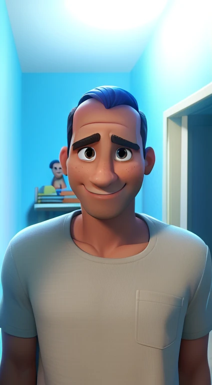 Um homem alto de 38 anos, careca e sorriso no rosto estilo disney pixar, alta qualidade, melhor qualidade