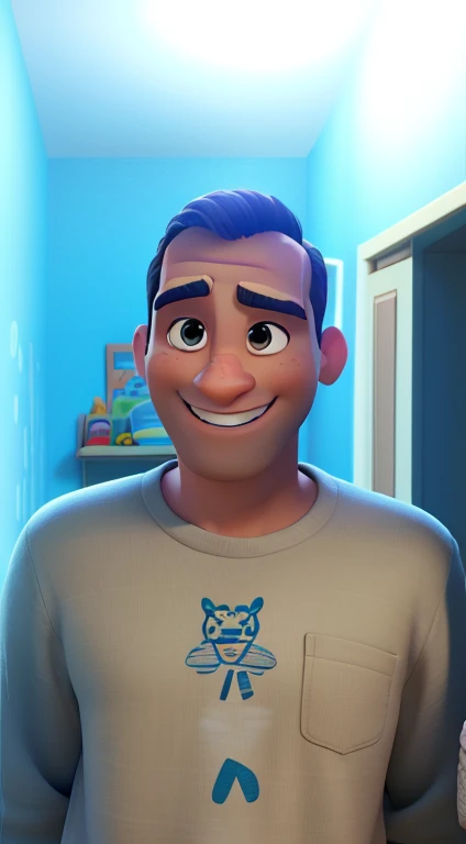 Um homem alto de 38 anos, careca e sorriso no rosto estilo disney pixar, alta qualidade, melhor qualidade