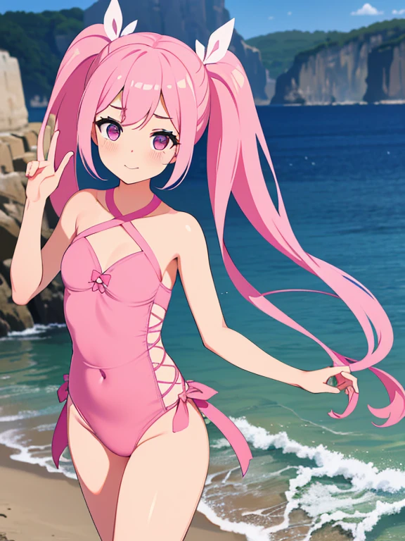 (masterpiece, high quality, high resolution, absurd, super detailed, 8k),real:1.5,(pink cross-laced one-piece High leg swimsuit),cute face,neat and clean