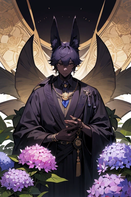 cartoon, man, boy, anubis species, scarab beetle, scarab antennas, wings, kemonomimi, (highest picture quality), masterpiece, best quality, extremely detailed CG wallpaper, ultra_detailed, black eyes, 1man, solo, tall, short_uncommon_hairstyle, masterpiece, best quality, black and purple, grey skin color, hydrangea,