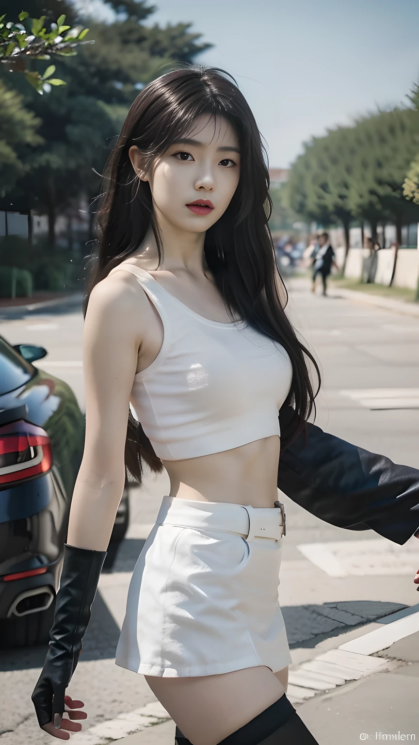 best quality, masterpiece, 1 girl, perfect beautiful face, (photo photo:1.3), edge lighting, photography lighting, (high detail skin:1.2), 8k ultra hd, DSLR, high quality, high resolution, white skin, detailed textured skin, half body in frame, sexy posing, poker face, perfect propotion face, symetric face, eye level shot, 4k, 8k, bokeh, absurd, best ratio four fingers and one thumb, (realistic:1.3), beautiful detailed girl, cute 1girl, dark brown hair, long hair, ponytail, bangs, volume hairs, collosal-breast, full looking breast, projecting breast, slim waist, slender, small thighs, perfectly proportion,thighhighs,crop top,spaghetti strap tank top,skirt,black thighhighs, skirt,black skirt,earrings,jewelry,midriff,white tank top,black gloves, boots,underwear,panties,miniskirt,belt,white panties, beautiful outdoor background, detailed background, trees, clouds, tifa
