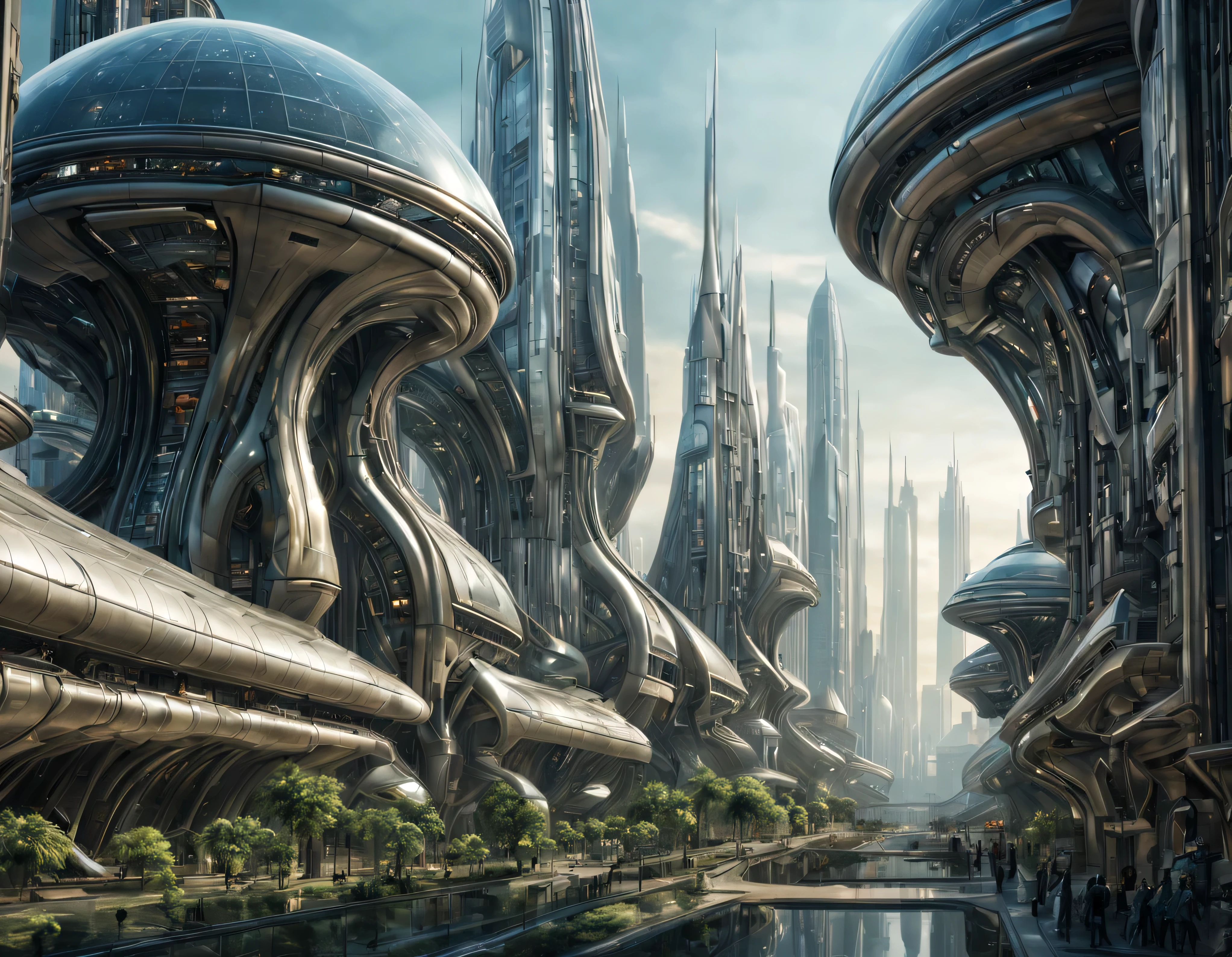street of an extraterrestrial alien city with futuristic and technological architecture in its metal and glass buildings, some aliens walking around, all full of imagination, science fiction and (intrincados detalles de la maquina).imagen fotorrealista, Maximum sharpness, calidad 8k.(obra maestra de calidad superior). 3