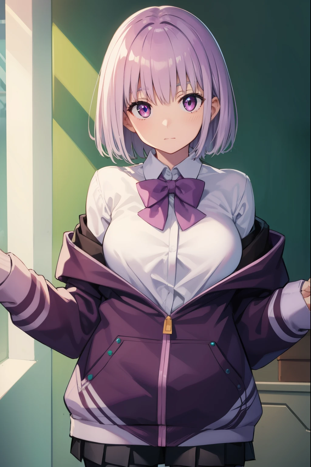 akaneshinjou, shinjou akane, light purple hair, (pink eyes:1.2), short hair,
BREAK black pantyhose, bow, collared shirt, hood, hooded jacket, jacket, open clothes, open jacket, open shirt, pantyhose, purple bow, purple jacket, school uniform, shirt, sleeves past wrists, unbuttoned shirt, white shirt,
BREAK indoors, city,
BREAK looking at viewer, BREAK (masterpiece:1.2), best quality, high resolution, unity 8k wallpaper, (illustration:0.8), (beautiful detailed eyes:1.6), extremely detailed face, perfect lighting, extremely detailed CG, (perfect hands, perfect anatomy),