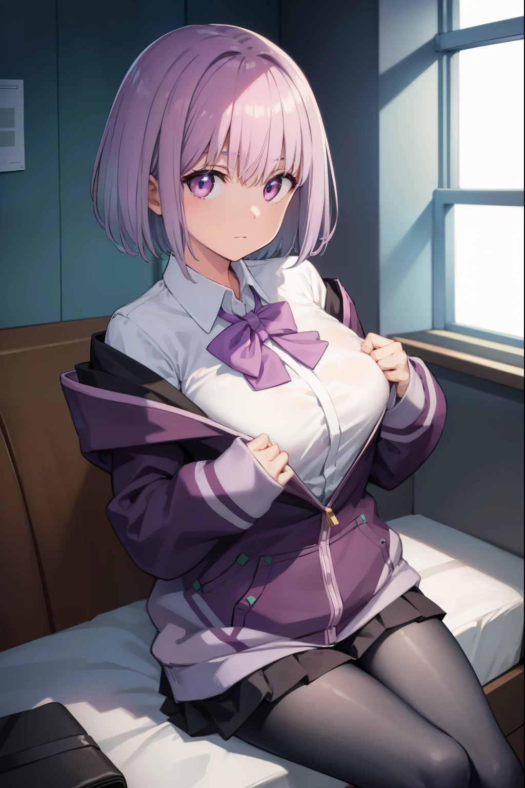 akaneshinjou, shinjou akane, light purple hair, (pink eyes:1.2), short hair,
BREAK black pantyhose, bow, collared shirt, hood, hooded jacket, jacket, open clothes, open jacket, open shirt, pantyhose, purple bow, purple jacket, school uniform, shirt, sleeves past wrists, unbuttoned shirt, white shirt,
BREAK indoors, city,
BREAK looking at viewer, BREAK (masterpiece:1.2), best quality, high resolution, unity 8k wallpaper, (illustration:0.8), (beautiful detailed eyes:1.6), extremely detailed face, perfect lighting, extremely detailed CG, (perfect hands, perfect anatomy),