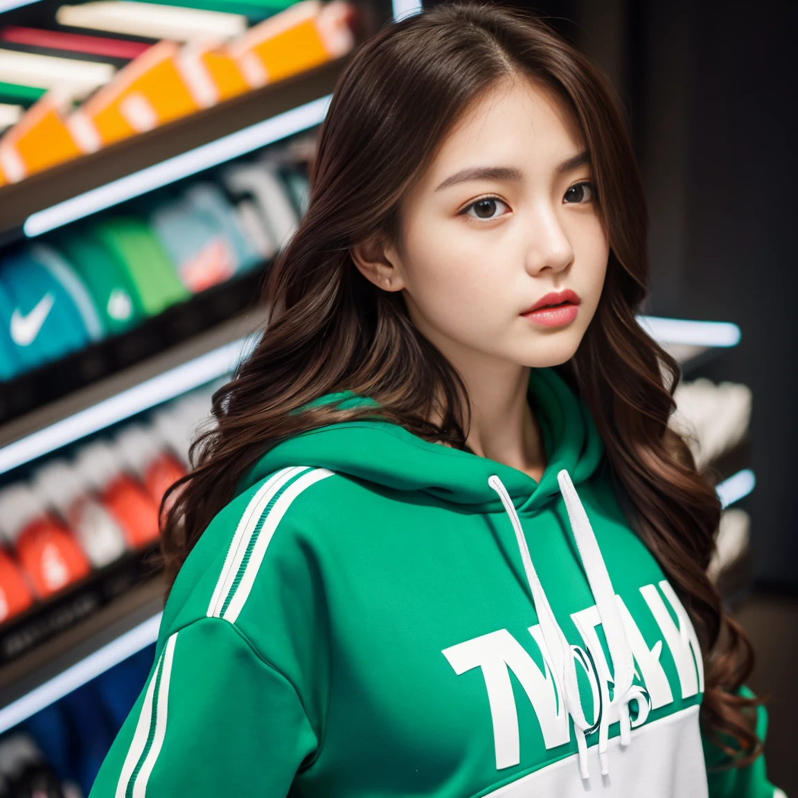 masterpiece , best quuality, 1 girl, delicate, masterpiece, beautiful detailed, colorful, finely detailed, detailed lips, intricate details, shiny skin, big breasts, Korean girl with long red hair and blue eyes Wear a green Adidas cropped long-sleeved hoodie. Black Nike tight pants white nike shoes Standing in a Nike store,