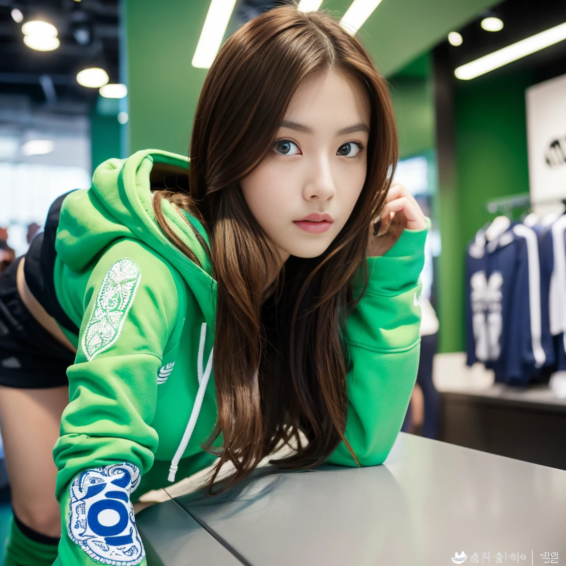 masterpiece , best quuality, 1 girl, delicate, masterpiece, beautiful detailed, colorful, finely detailed, detailed lips, intricate details, shiny skin, big breasts, Korean girl with long red hair and blue eyes Wear a green Adidas cropped long-sleeved hoodie. Black Nike tight pants white nike shoes Standing in a Nike store,