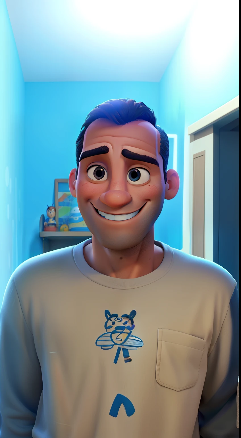 Um homem alto de 38 anos, careca e sorriso no rosto estilo disney pixar, alta qualidade, melhor qualidade