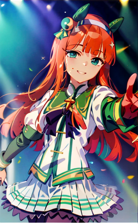 (highest quality:1.4, masterpiece, 4K, detailed),  on stage, smile, Right hand pointing at the camera, one eye closed, Hold the microphone with your left hand,close up shot, very fine eyes, shining eyes, highest qualityのデジタルアート, amazing art, wallpaper 4K