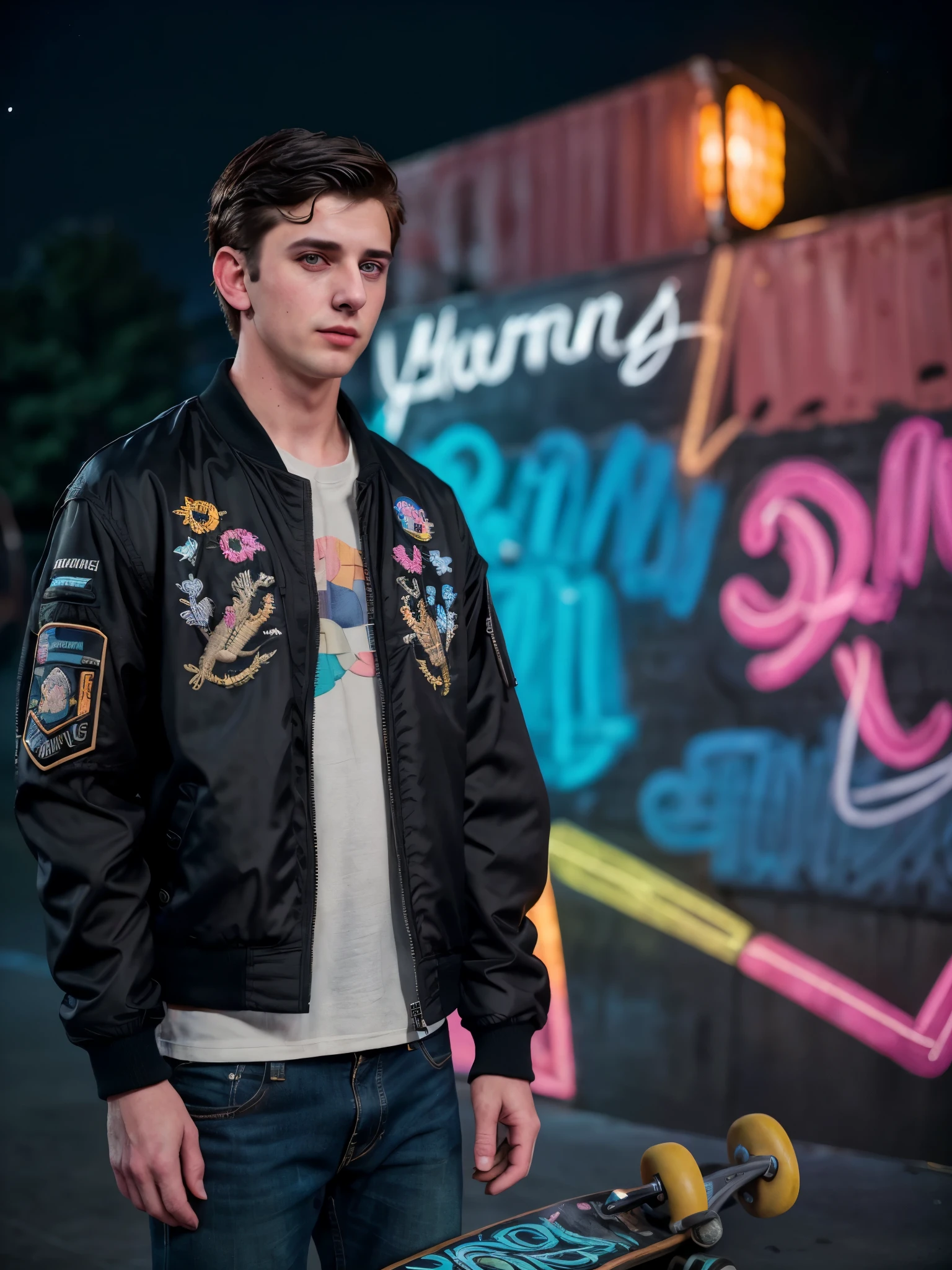 Candid shoot Realistic Cinematic 8K Masterpiece, A handsome young man short hair looking camera upper body wearing a full patch embroidered words & black colors jacket is looking at the bright future, bring a skateboard, background night pastel colors vibes.