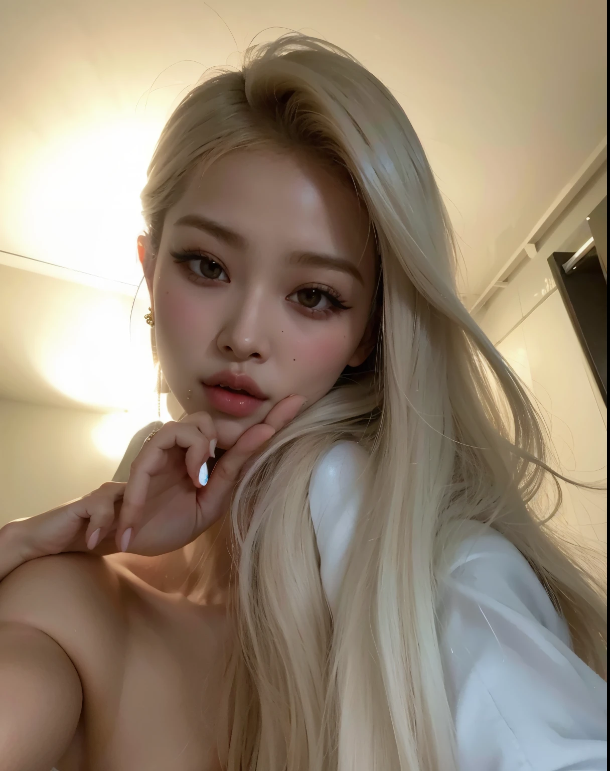 mulher loira com cabelos longos posando para uma selfie no banheiro, Parque Roseanne do Blackpink, jossi do blackpink, 18 anos, Retrato de Jossi de Blackpink, 1 6 anos, Jinyoung Canela, com longos cabelos loiros, pale milky white porcelain skin, com longos cabelos brancos, com cabelos longos brancos,  coreana, pale glowing skin