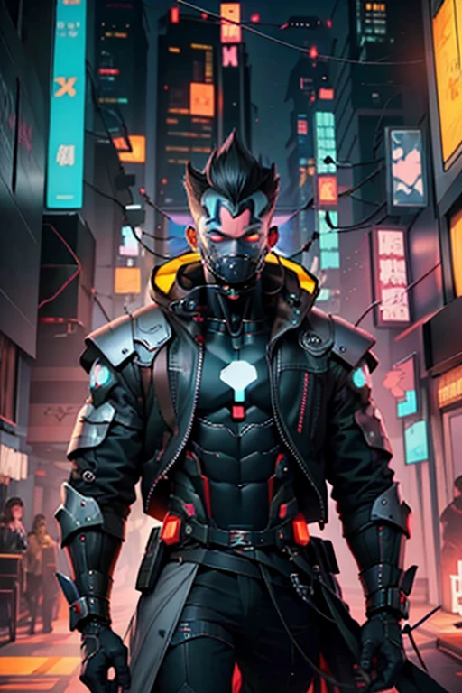 Em um beco escuro da cidade cyberpunk, a young and athletic individual of medium height stands out, vestido em uma armadura futurista de cor negra, elegante e resistente. The armor is adorned with vibrant yellow LEDs, que piscam e pulsam, criando uma aura futurista ao seu redor. His youthful face is partially hidden by a futuristic visor that highlights his eyes., que possuem a esclera preta e pupila amarela, adicionando um toque sinistro ao seu olhar. He exudes a friendly aura that contrasts with the dark nature of his appearance..

Equipado com um par de smartelos de alta tecnologia, whose blades shine with a menacing light, he wears a black overcoat that lightly drags on the floor, giving it an even more imposing presence as it moves through the cityscape. His arms, evidencing cybernetic modifications, They are powerful and resilient, a perfect match with your determined nature.

Seus cabelos negros caem de maneira rebelde sobre o visor, adding an additional touch of mystery to your look. Para complementar, he wears a futuristic mask that only covers his mouth, highlighting your facial expressions and accentuating your friendly smile. His rigid posture and calculated movements suggest a cunning and determined personality., as he navigates the chaotic streets of the futuristic metropolis."






