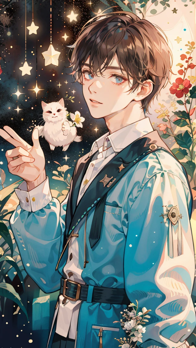 (((masterpiece))),best quality, whitetown,starry sky, 1 man, smile, short brown hair, prince