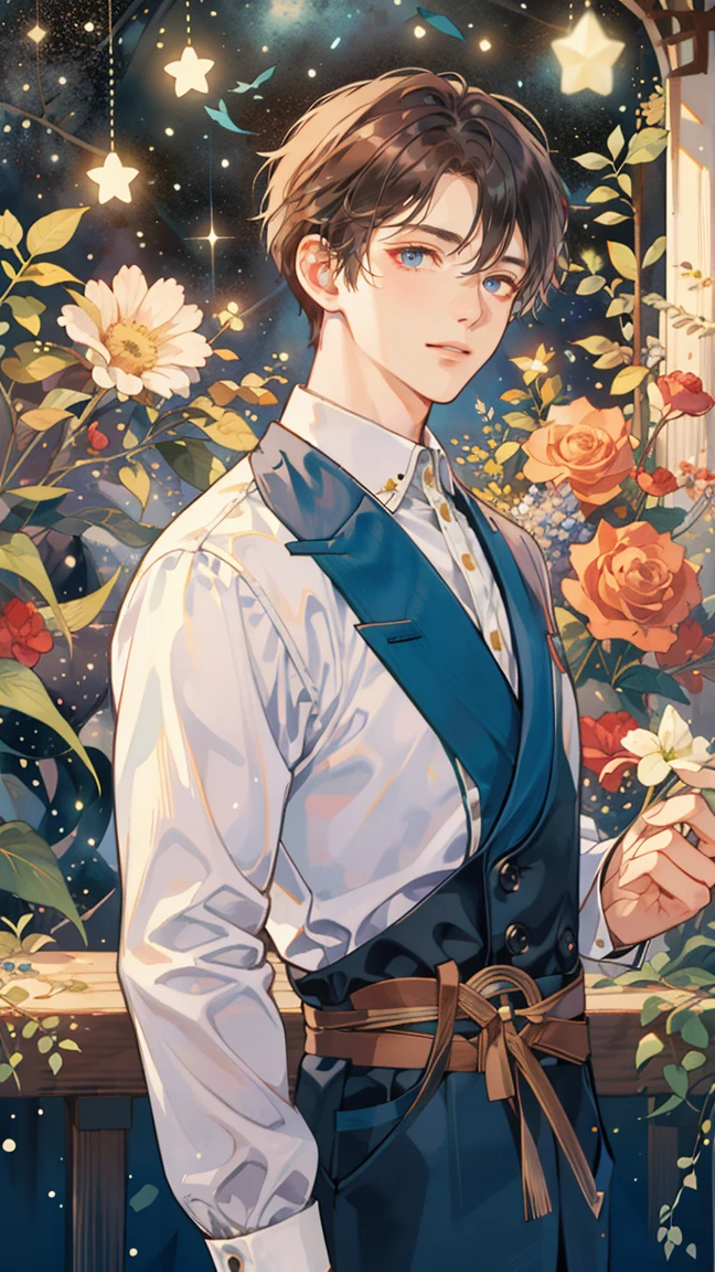 (((masterpiece))),best quality, whitetown,starry sky, 1 man, smile, short brown hair, prince