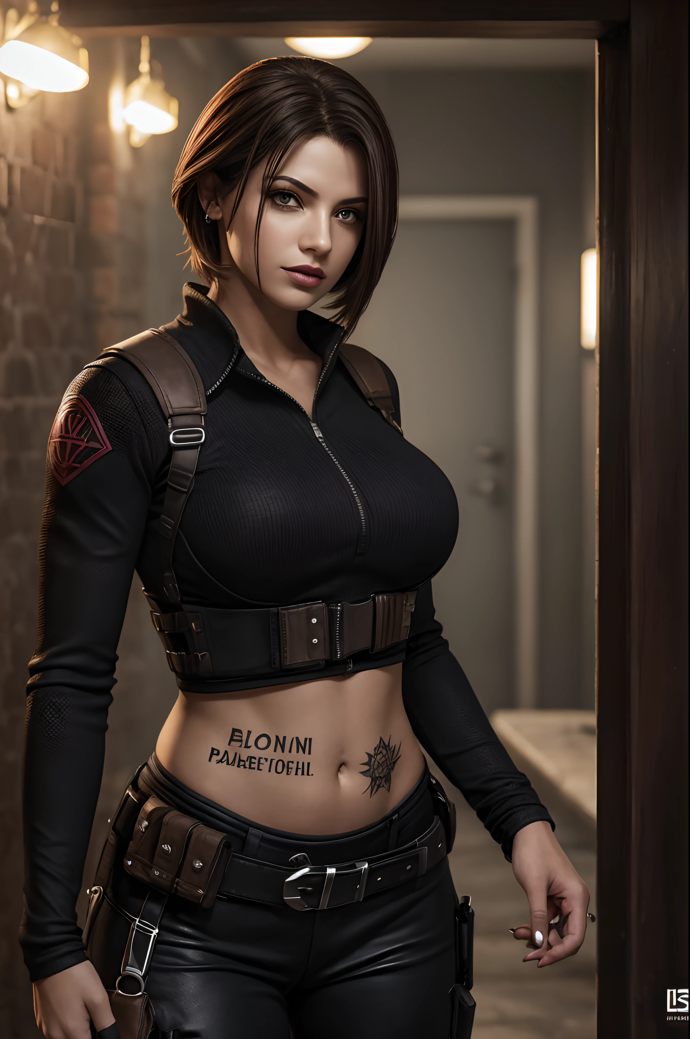 Resident Evil 4, (((Somente))) sozinho mulher cabelo liso com franja cortina, light brown almond eyes, pele negra, corpo voluptuoso, Black agent costume with display belly, Black costume with long sleeves and pants, coldre, pistol on his hand, Hand Tattoos, inspirado em Resident Evil, corpo bonito, Fleshy lips, burgundy lipstick, piercing no umbigo, unhas compridas pintadas de preto, Garota, pele escura, inspirado em Resident Evil, cabelos longos e lisos, Destroyed city background, Olhos bonitos, mulher sozinha, mulher armada, Mulher bonita sozinha, APENAS UMA MULHER SOZINHA, Looking at the camera