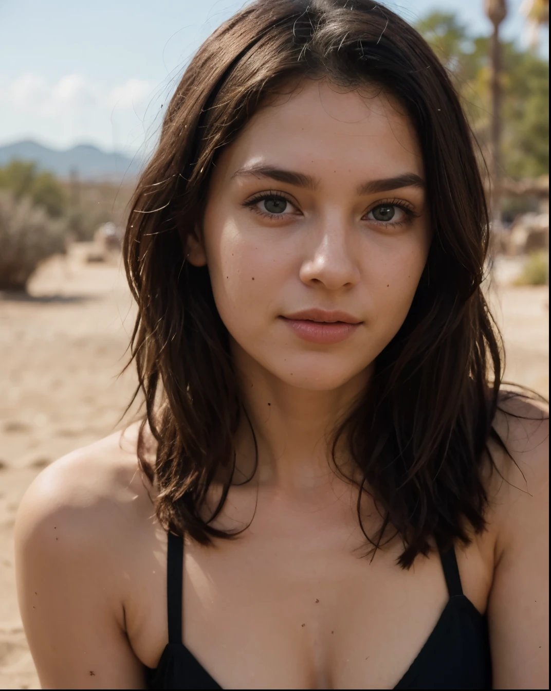 Cute beautiful sexy European light-green-eyed brunette, 22 years old,
seductive look in eyes, girl is wearing black swimming suit, desert landscape, desert, full body view, black swimming suit,
innocent face, face-length 1.3 times the face-width, almond-shaped eyes, squared face-shape, high cheekbones, naturally wavy hair, light-green eyes, high-res, masterpiece, best quality, intricate details, very detailed, sharp focus, detailed skin, realistic skin texture, texture, detailed eyes, professional, 4k, charming smile, shot with Canon, depth of field, Kodak Vision color, perfectly fitting body, extremely detailed, photo_\( ultra\), photorealistic, realistic, post processing, maximum details, roughness, real life, ultrarealistic, photorealism, photography, 8k UHD, photography