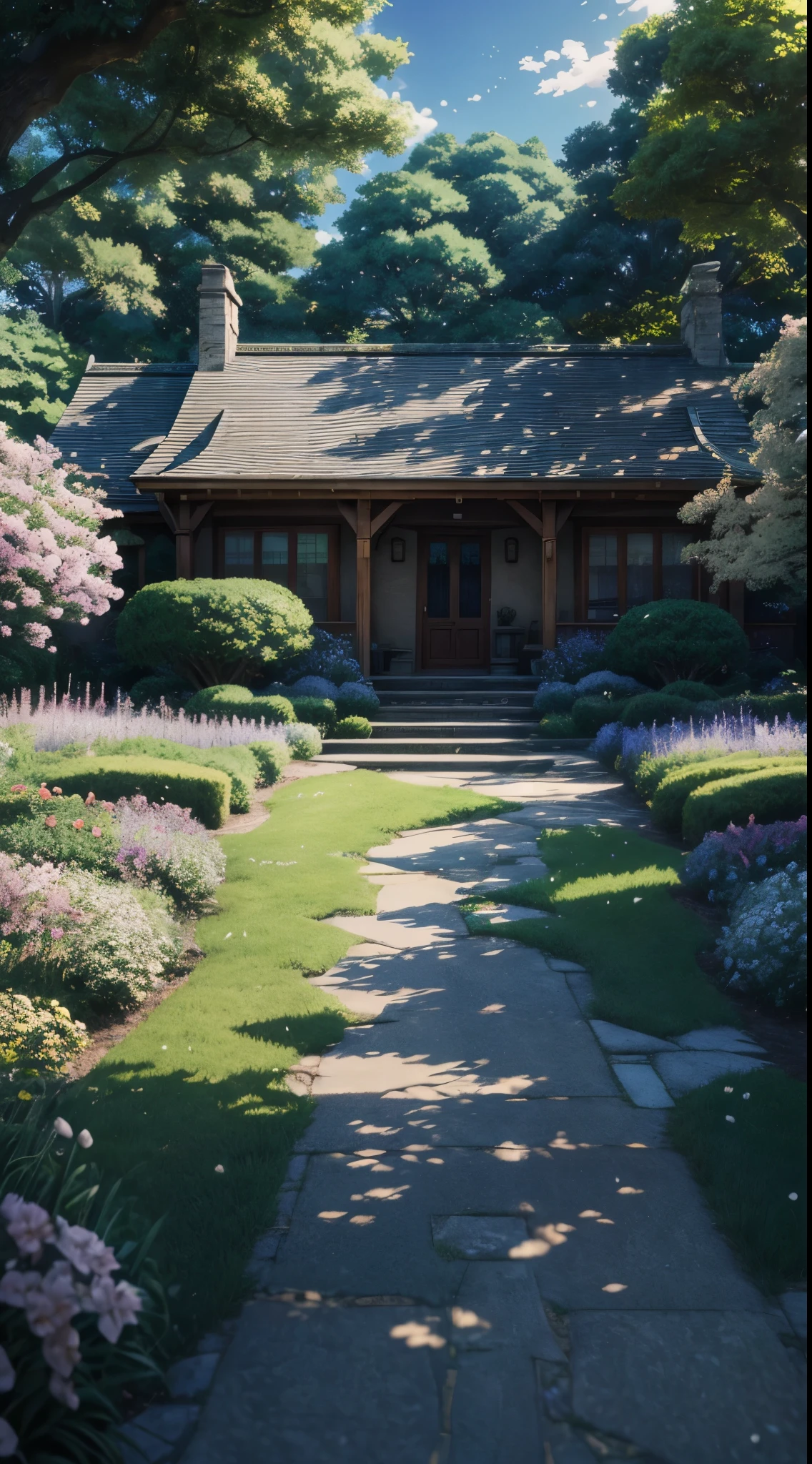 anime scenery of a house with a garden and a pathway, beautiful anime scene, anime background art, beautiful anime scenery, anime beautiful peace scene, anime scenery, anime background, anime nature wallpap, cottagecore!!, anime countryside landscape, anime nature, studio glibly makoto shinkai, realistic garden, beautiful detailed scene, style of makoto shinkai