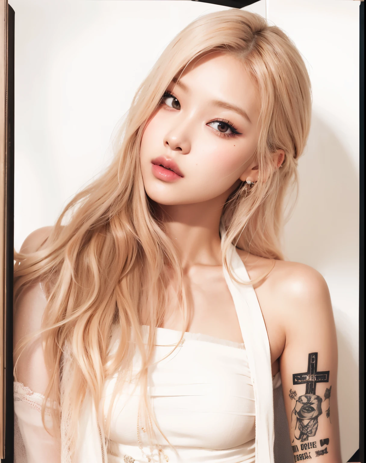 Blonde woman with long hair and cross tattoo on arm, Parque Roseanne do Blackpink, Cl, Retrato de Jossi de Blackpink, Portrait of female Korean idol, portrait of kpop idol, jossi do blackpink, jennie blackpink, com longos cabelos loiros, jia, Heonhwa Choe, Ji-Min, inspirado em Kim Deuk-sin, portrait of japanese gyaru