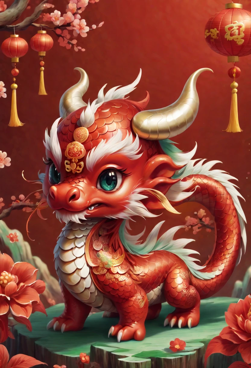 Chinese dragon，Q version，Cute little dragon，Red space，festive atmosphere，Chinese New Year，CNY，Chinese elements，Cartoon，Cute pet，Lively