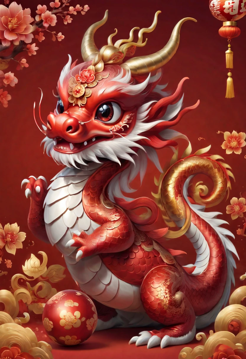 Chinese dragon,Q version,Cute little dragon,Red space,festive atmosphere,Chinese New Year,CNY,Chinese elements,Cartoon,Cute pet,Lively