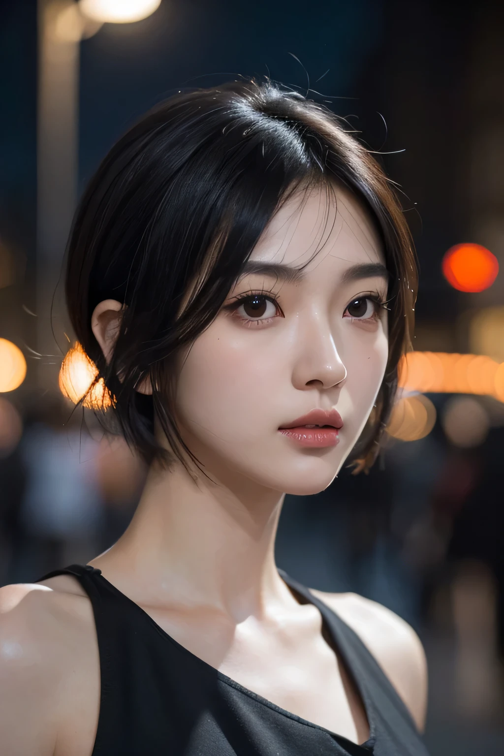 (halfbody shot,street lamps,moon),Masterpiece, 1girl, solo exhibition, beautiful woman on the bustling street, surrounded by hawkers, beautiful goddess girl portrait, beautiful and detailed face, porcelain skin, (((bust shot, center, night, black hair, short hair)), super soft lighting, symmetry, complexity, elegance, high detail, realism, art, concept art,