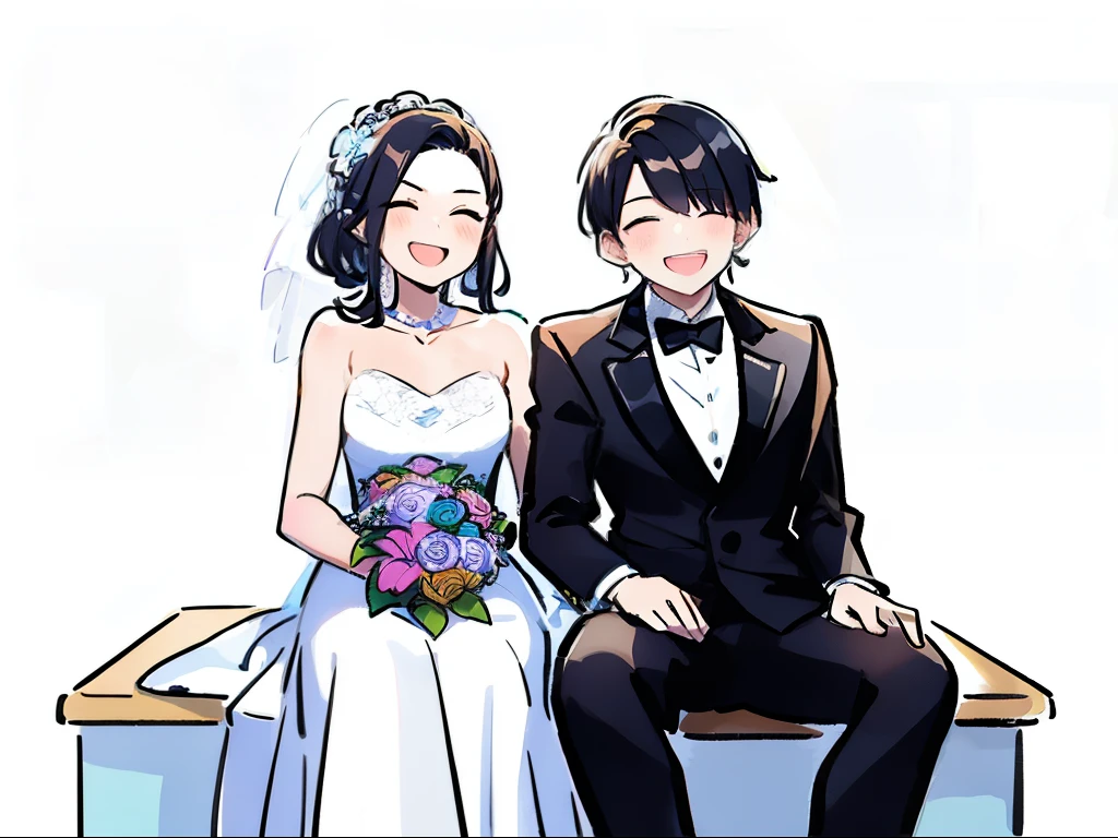 Illustration of a boy wearing a tuxedo sitting besides a girl wearing a white wedding dress in photobooth, girl is laughing,