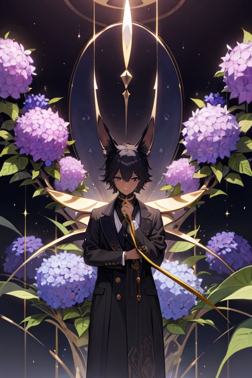 cartoon, man, boy, anubis species, scarab beetle, scarab antennas, wings, kemonomimi, (highest picture quality), masterpiece, best quality, extremely detailed CG wallpaper, ultra_detailed, black eyes, 1man, solo, tall, short_uncommon_hairstyle, masterpiece, best quality, black and purple, grey skin color, hydrangea,