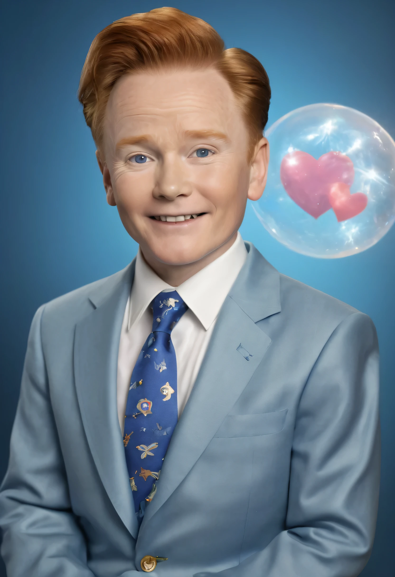 -yeld Co O'Brien posing for his 5th grade- Sparkling, Sky blue Background, professional quality studio 8x10 UHD Digital photograph by Scott Kendall - multicolored spotlight, Photorealistic, realistic stock photo, Professional quality Photograph. colored Fog - Multicolored lightning, 3D bubbles, hearts, stars, clovers