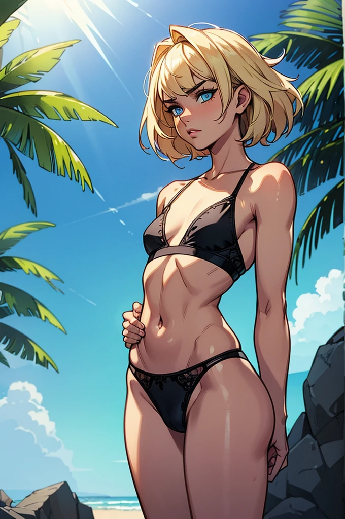 (masterpiece, high quality), 1boy, Caucasian, transgender, slender, short spiky blonde hair, blue eyes, 15-years-old, (tropical beach background), (black panties), white crop top, small breast, hyper detailed, Intricate design, Luminous, 4K, 8K, Cinematic lighting, Contour lighting, bright, soft light, penis bulge