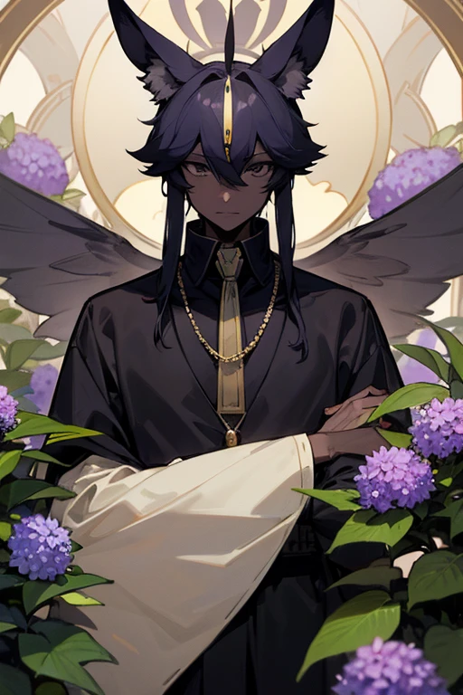 cartoon, man, boy, anubis species, scarab beetle, scarab antennas, wings, kemonomimi, (highest picture quality), masterpiece, best quality, extremely detailed CG wallpaper, ultra_detailed, black eyes, 1man, solo, tall, short_uncommon_hairstyle, masterpiece, best quality, black and purple, grey skin color, hydrangea,
