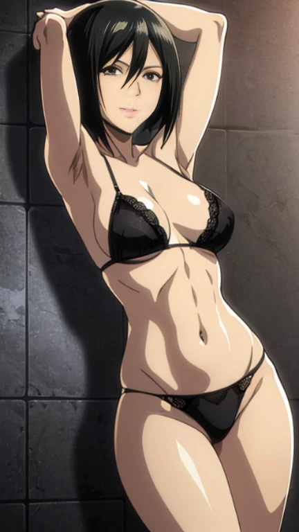 Dazzling, Armpits, intricate detailes, 1girl in, Mikasa Ackerman, (A dark-haired:1.3), hair between eye, short-haired, sideburns, s lips, shut, Yui, s lips, ​masterpiece, best qualtiy, , Bathing, hason, Baezon, Black eyes, , Black eyes, muscle, medium breasts, smil、Black underwear、Lace underwear