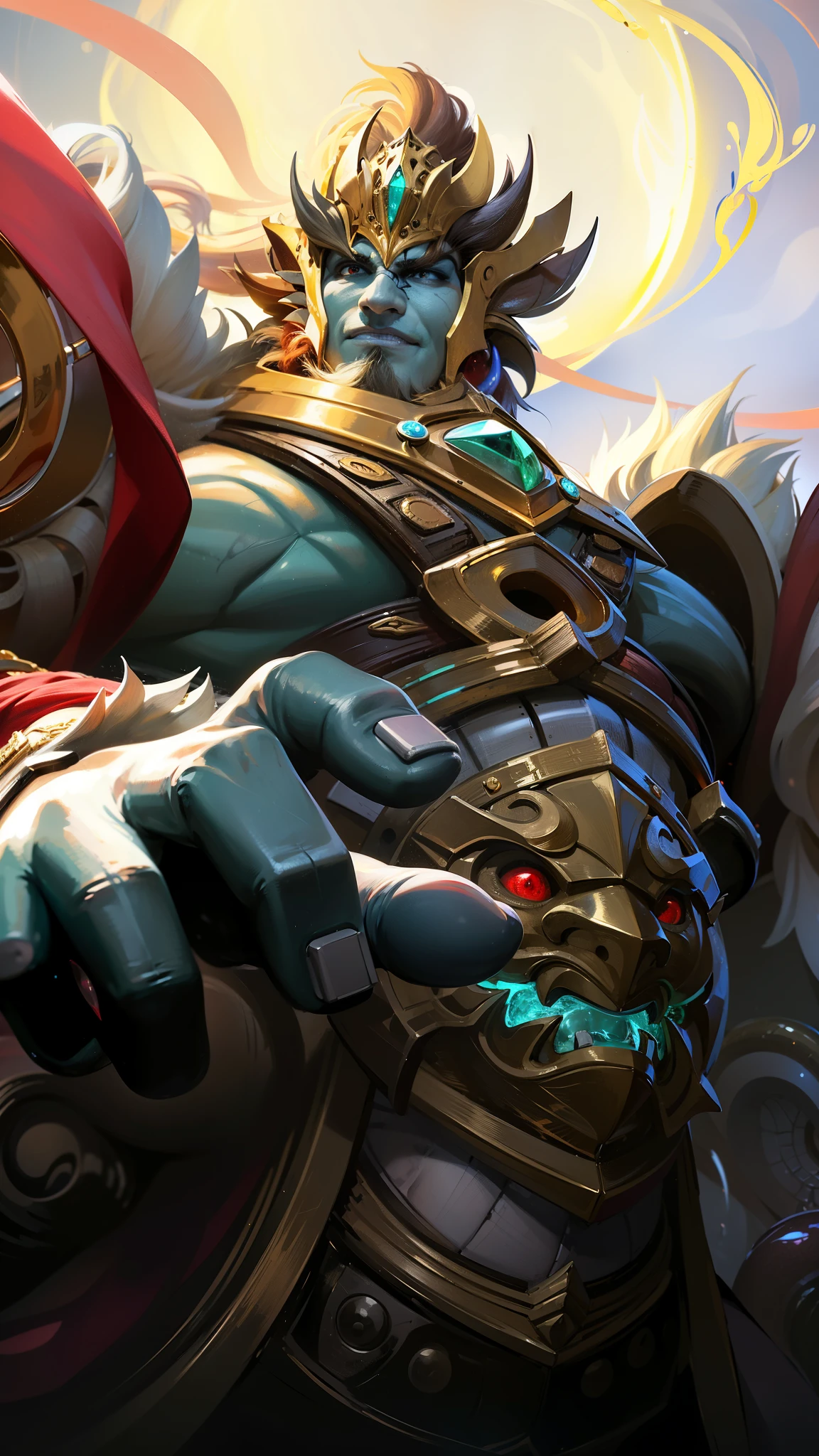 masculine male, masterpiece, ((perfect eyes)) best quality, (semirealism:1.9), beautiful lighting, (extremely detailed CG unity 4k fhd wallpaper), High Detail, Sharp focus, dramatic outdoors,40 years old, brown short hair, blue eyes, smile, Boy with two big horns, big earrings on ears, elf ear, red eyes, Thick eyebrows, evil smile, grinning,red body, red face, Burning skin, yellow diamonds glistening on chest, burning red skin,golden robe behind, big white belt , 8k , realistic, scary.