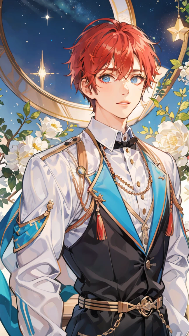 (((masterpiece))),best quality, whitetown,starry sky, 1 man, smile, short red hair, prince
