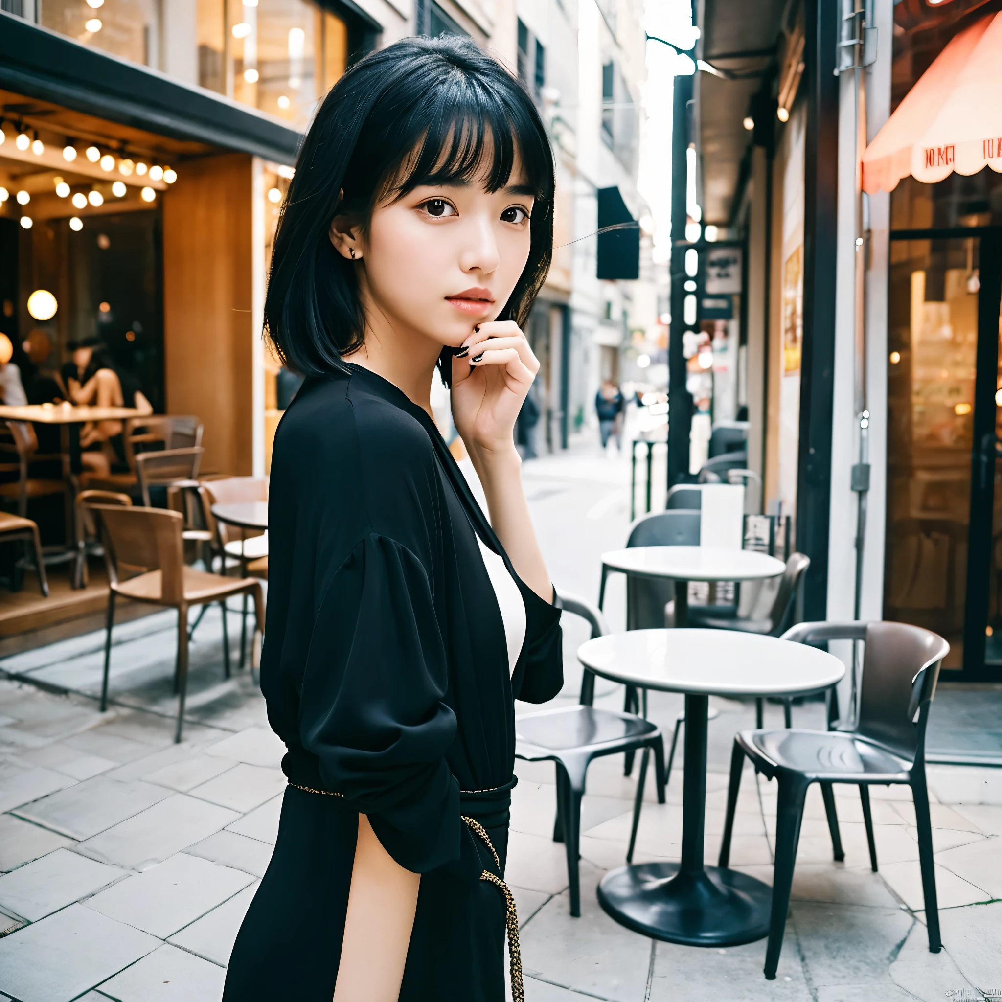 A woman in her late s set to appear in a fashion magazine. She takes pride in her graceful and demure black hair, with bangs elegantly reaching just above her eyes. The lustrous black hair enhances her beauty even more. Her deep brown eyes are striking, portraying an elegant, glamorous, and intellectually refined expression. The setting is in front of a stylish cafe. She stands alone, capturing a moment in front of the cafe. The illustration should showcase her entire body from head to toe, with only one person in the frame."