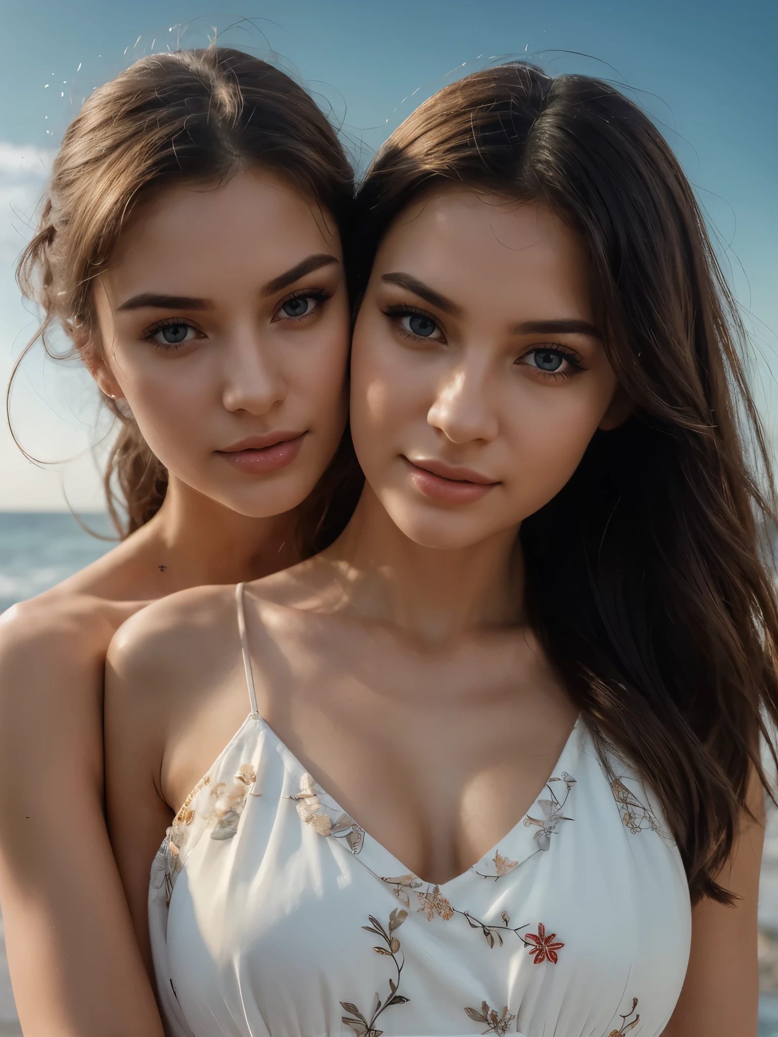 Two naked 20 year old girls kissing on the beach.