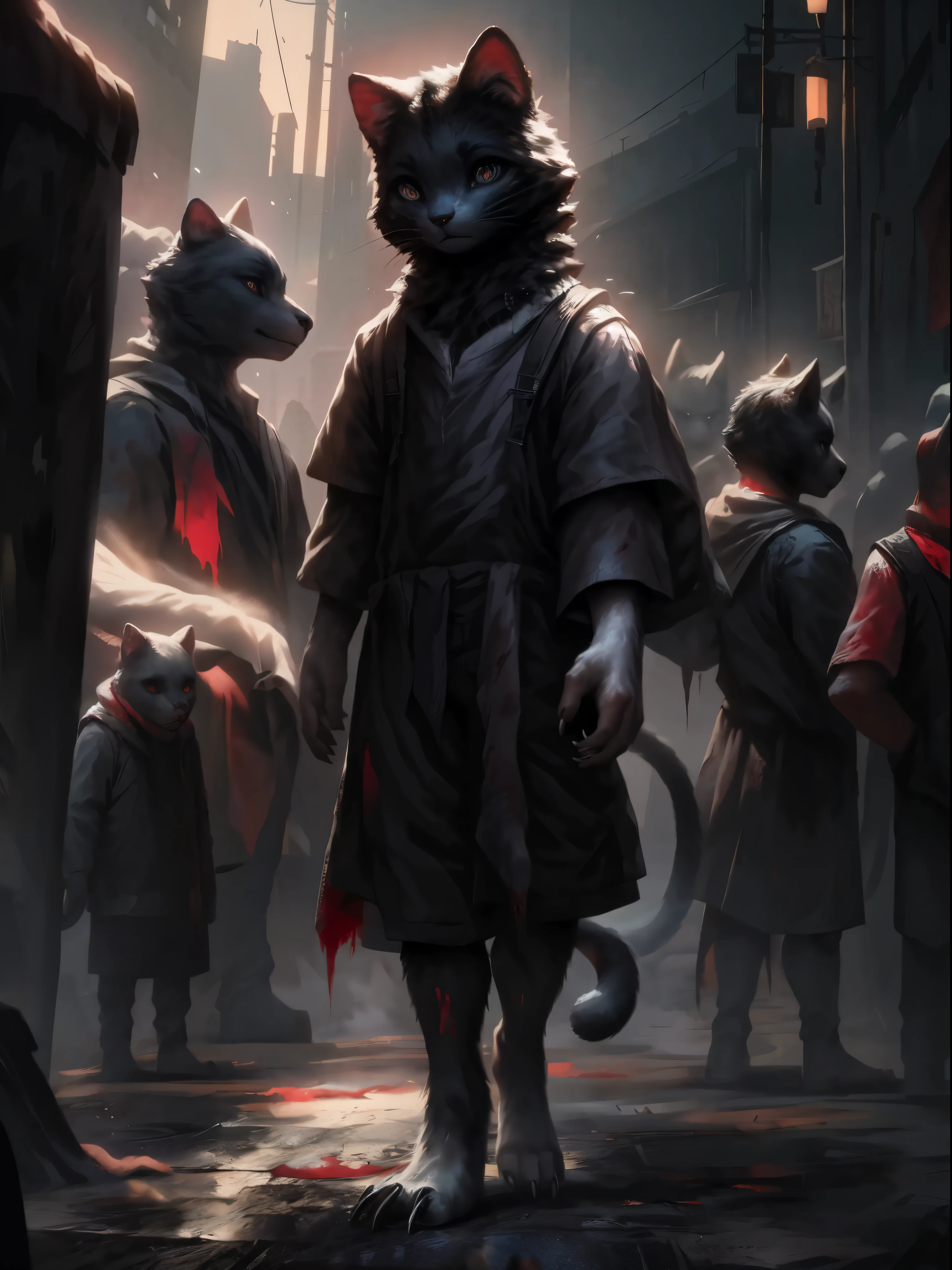 "Height 155cm, A 14-year-old black cat boy wearing a slightly tattered black school uniform stands on a deserted city street. The surrounding ground and walls are covered with large pieces of flesh and blood.. His eyes are cold,Gaze ahead, And behind him,Several claws made of black mist float. Artworks should have (best quality, 4K, 8k, high resolution, masterpiece:1.2), Super detailed, (actual, photoactual, photo-actual:1.37) rendering, and vibrant colors. The overall tone should be dark and mysterious. Lighting should create a moody atmosphere with shadows and dim street lights. The scene should have a surreal and supernatural feel. including fine details on his face, Such as beautiful and delicate eyes, Detailed lips, and long eyelashes, Ensures stable diffusion to accurately generate facial features."