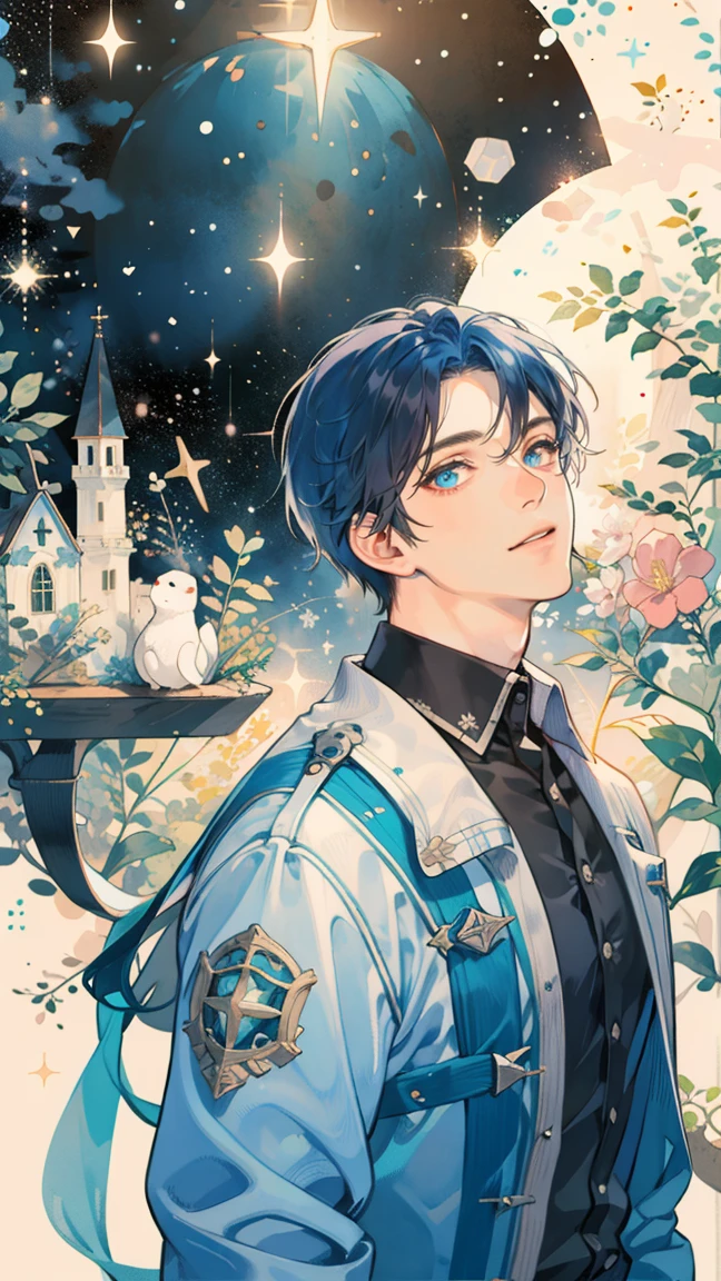 (((masterpiece))),best quality, whitetown,starry sky, 1 man, smile, short blue hair