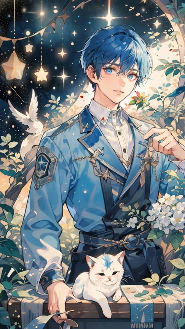 (((masterpiece))),best quality, whitetown,starry sky, 1 man, smile, short brown hair, prince