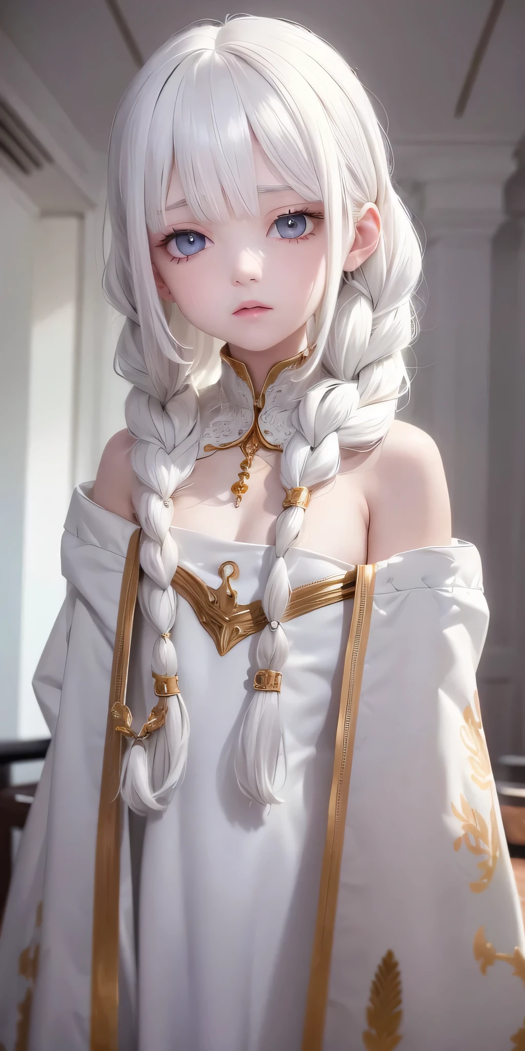best quality, masterpiece,white hair, gold eyes,white clothes, looking up, upper body,hair strand,Fair skin,side braids