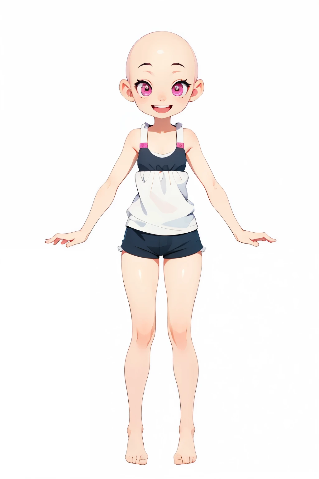 Masterpiece, Best quality, High resolution, Extremely detailed. girl dressed in shorts and top. pink eyes. smiling open mouth. Bald head. Bare feet. White background