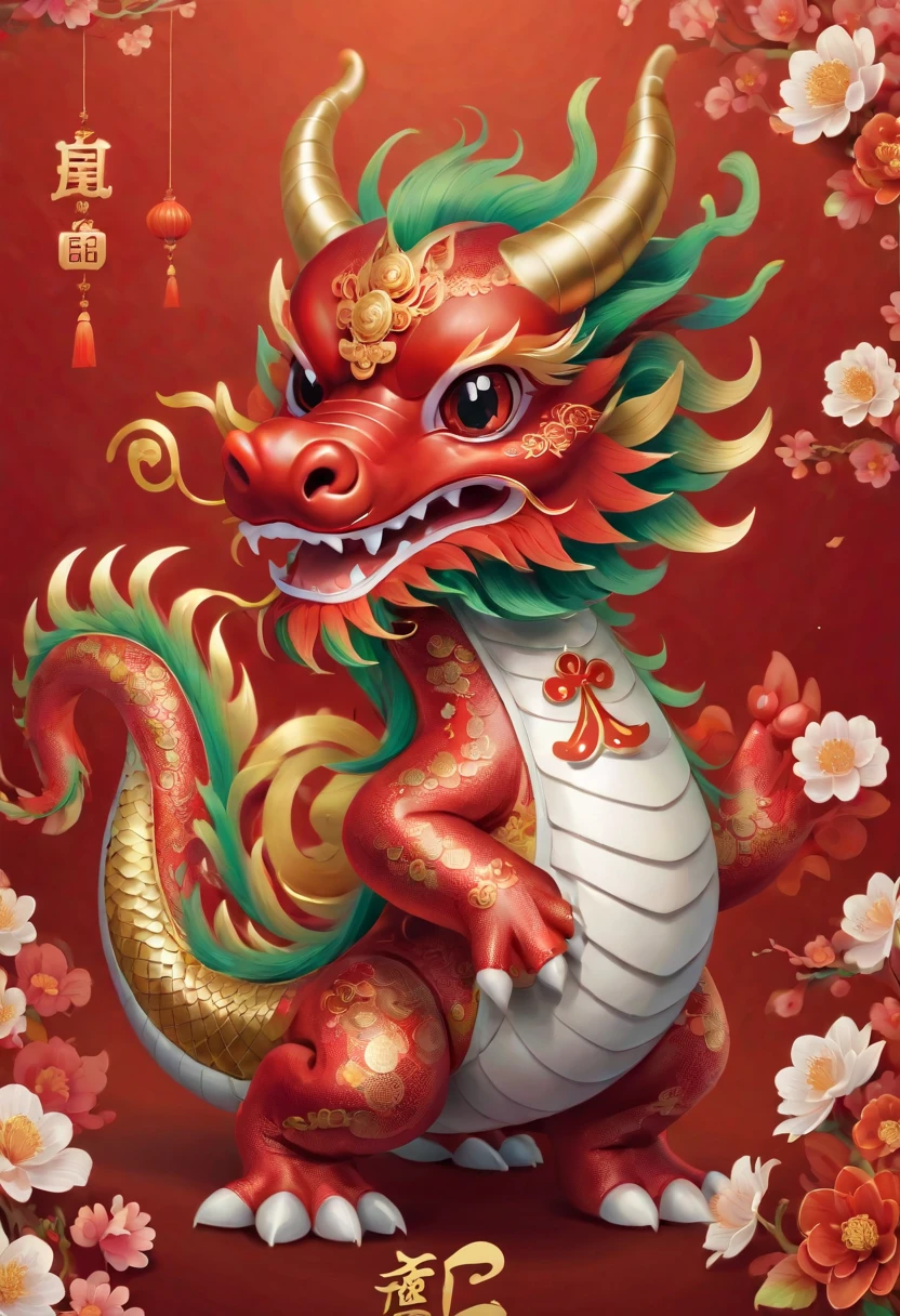Chinese dragon,Q version,Cute little dragon,Red space,festive atmosphere,Chinese New Year,CNY,Chinese elements,Cartoon,Cute pet,Lively