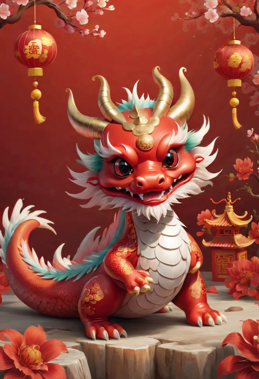 Chinese dragon，Q version，Cute little dragon，Red space，festive atmosphere，Chinese New Year，CNY，Chinese elements，Cartoon，Cute pet，Lively