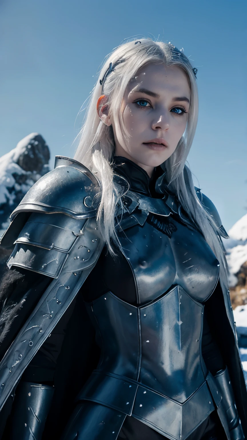 A portrait photo of beautiful girl, undead girl, scary face, pale white skin and white hair, blue eyes, developed body, wearing heavy death knight armor , black colored armors, the armors is highly detailed engraved and embossed. Black furry cape, ice hills background, snowy and icy environment, hyper realistic photo, full body shot, fantasy photo