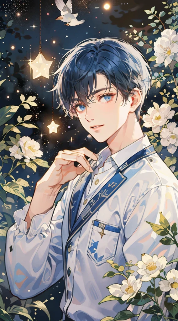 (((masterpiece))),best quality, whitetown,starry sky, 1 man, smile, short brown hair, prince