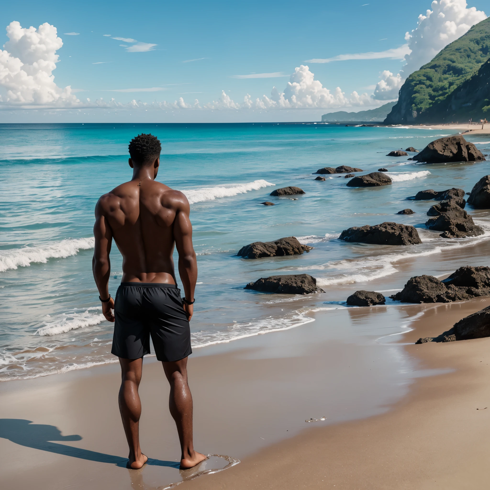 man standing, on beach, sexy black man, from the back, man, skinny, alone, 25 years old, bubble butt, big toned ass, tight swim trunks, alone, scenic beach landscape