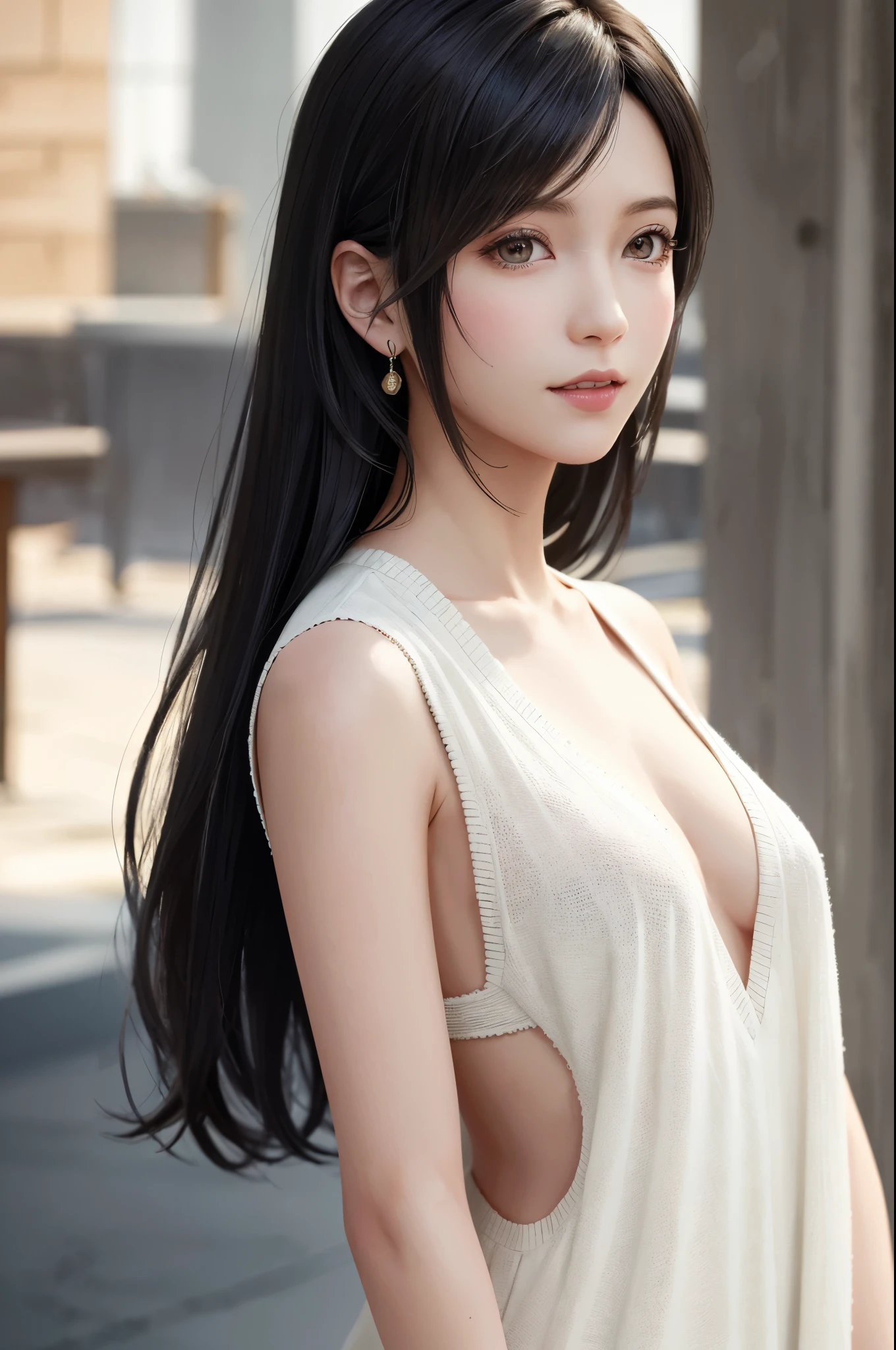 (Top Quality, Masterpiece: 1.1), (Realistic: 1.3), Wallpapers,ultra high res,ultra high quality,  BREAK (((FF7,Tifa_lockhart))),Ultra-detailed face, Detailed eyes,(black Brown Hair, Large breasts: 1.2),(Imaginative Macanese Female Page,background is Unique The Tablets of Stone,at Sunrise), side view:1.2, BREAK (wearing oversized loose sweater, Exquisite cloth, white Clothes,bare back:1.3,virgin killer sweater dress:1.3),clothed,(No Bra) ,(Small and beautiful hard nipple),(shiny oiled skin: 1.1), about 18 years old, BREAK  smile,kawaii,(sexy pose:1.2),cowboy shot 