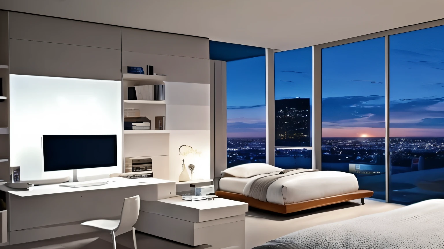 white Modern bedroom, computer desk, night, bed