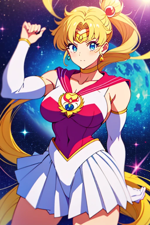 mulher cosplay Sailor Moon exibindo os musculos extremamente definidos malhando