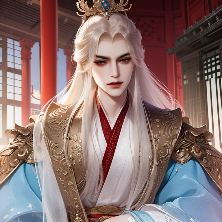 best quality,masterpiece,16k,1 handsome man,beautiful eyes,Character standing painting,male focus,Dark brown hair,long white hair,Imperial temperament,asian architecture palace,Gorgeous hair accessories,Red clothes,looking at the audience,Hanfu,red pillar,ink style,Detailed face,